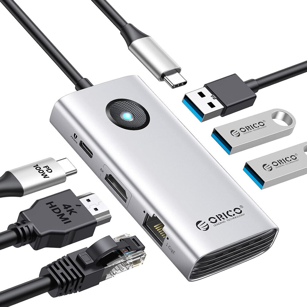 Orico 6in1 USB-C, HDMI, 3xUSB HUB, Hõbe hind ja info | USB jagajad, adapterid | kaup24.ee