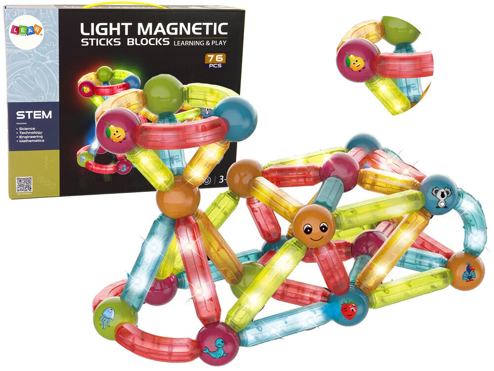 Light Magnetic Sticks helendavate õppemagnetplokkide komplekt, 76 tk цена и информация | Klotsid ja konstruktorid | kaup24.ee