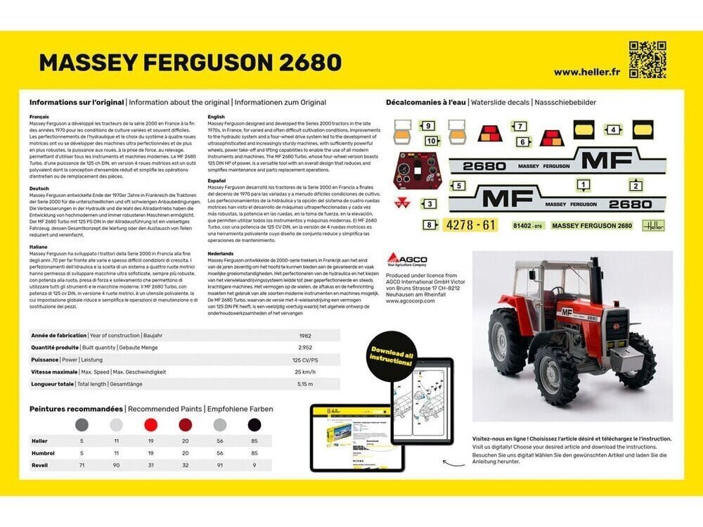 Heller -Massey Ferguson 2680 mudeli komplekt, 1/24, 57402 hind ja info | Klotsid ja konstruktorid | kaup24.ee