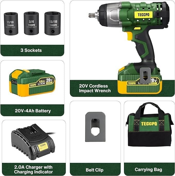 Juhtmeta löökmootor / mutrivõti Teccpo 20V 4.0Ah Li-ion + tarvikud цена и информация | Akutrellid ja akukruvikeerajad | kaup24.ee
