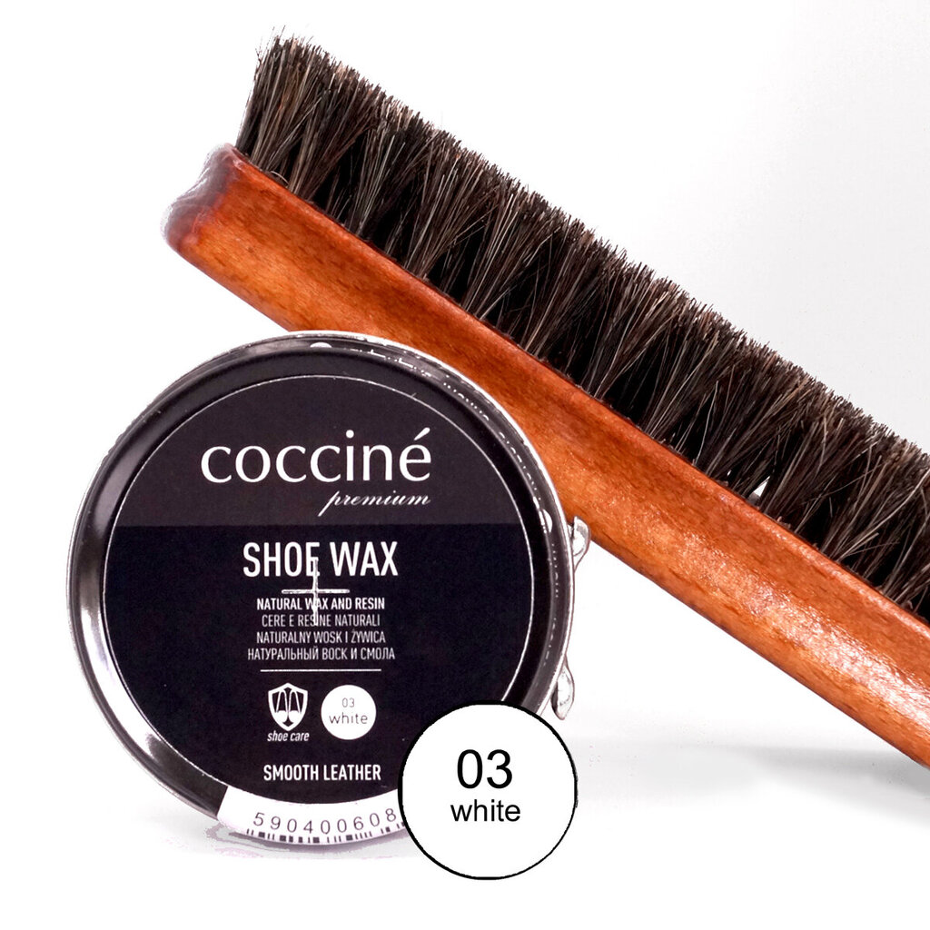 Valge nahast toodete kingakreem - Coccine Shoe Wax, 40 g + Poleerimishari naturaalsete hobusejõhvidega, 16 cm цена и информация | Rõivaste ja jalatsite hooldus | kaup24.ee