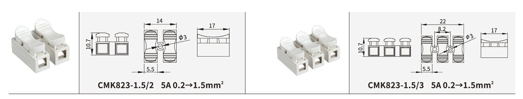 Kiirliitmik CMK823_1,5/2 - läbiv - 2x 0,2- 1,5 mm² - 100tk цена и информация | Tekstiilkaablid ja elektriklemmid | kaup24.ee