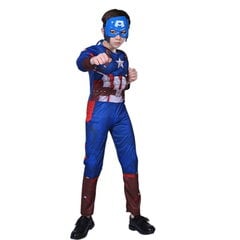 Костюм Капитана Америки супергероя маска щит с мышцами р. 120-130 7-9 лет цена и информация | Карнавальные костюмы | kaup24.ee