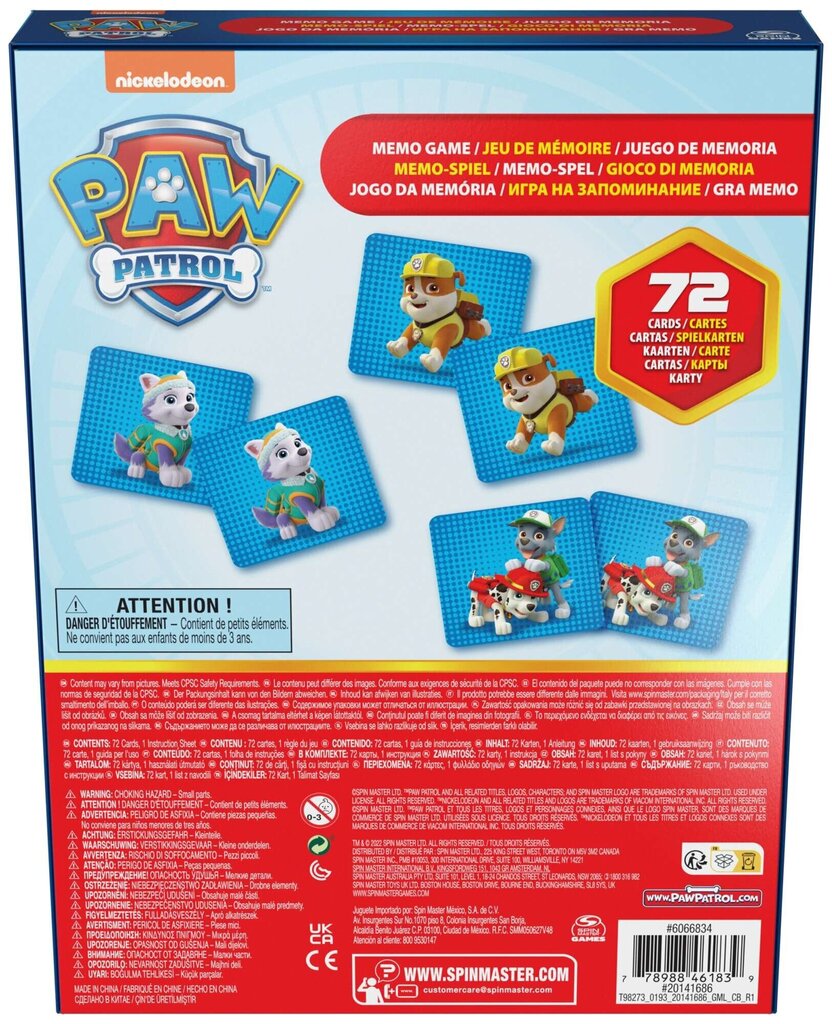 Kaardi mäng Paw Patrol Memo, 72 kaarti цена и информация | Lauamängud ja mõistatused | kaup24.ee