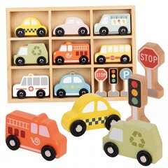 Набор деревянных транспортных средств и дорожных знаков в коробке, Tooky Toy цена и информация | Игрушки для мальчиков | kaup24.ee