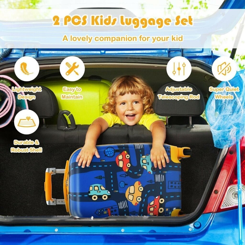 2-osaline laste pagasikomplekt, kaasaskantav kohver + seljakott, auto, Costway hind ja info | Kohvrid, reisikotid | kaup24.ee