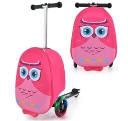Детский чемодан и самокат 2 в 1 со светодиодными колесами Costway, сова цена и информация | Чемоданы, дорожные сумки | kaup24.ee