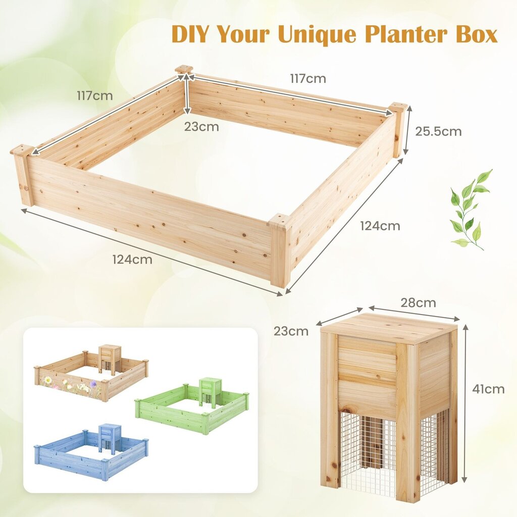 Puidust istutuskast koos kompostikastiga Costway, 124 x 124 x 25,5 cm hind ja info | Kasvuhooned | kaup24.ee