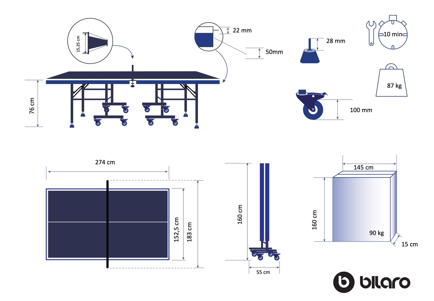 Tenniselaud Bilaro Master 22, 22 mm MDF, sinine цена и информация | Lauatennise lauad ja katted | kaup24.ee