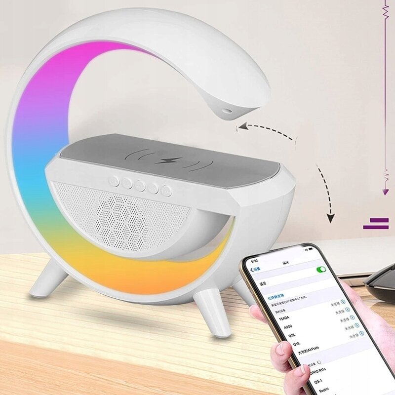 LED-lamp koos Qi nutikas laadimisfunktsiooniga võimsusega 15 W, Bluetooth-kõlar, FM-raadio, AUX-ühendus цена и информация | Akulaadijad | kaup24.ee