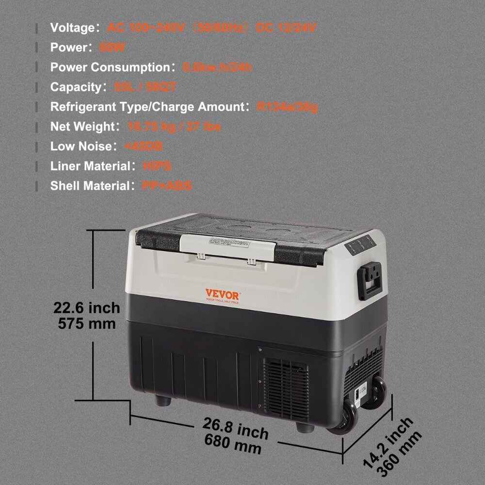 Vevor kaasaskantav auto- ja matkahübriidkülmik, 55 L, 12/24/220 V hind ja info | Autokülmikud | kaup24.ee