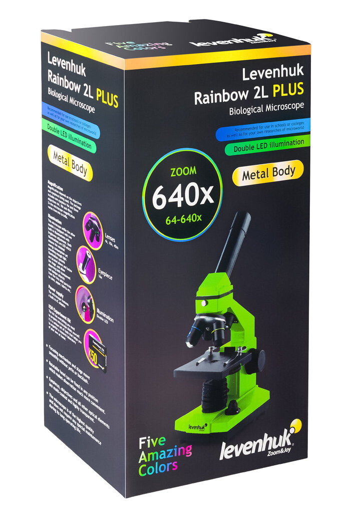 Levenhuk Rainbow 2LPLUS Mikroskoop 64x - 640x eksperimendi komplektiga K50 цена и информация | Mikroskoobid ja teleskoobid | kaup24.ee