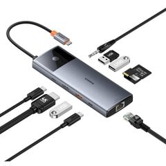 Переходник HUB, 11 в 1, Baseus Metal Gleam, USB-C, USB-C PD USB-C 3x USB-A, HDMI AUX, RJ-45 SD, серый цена и информация | Адаптеры и USB-hub | kaup24.ee