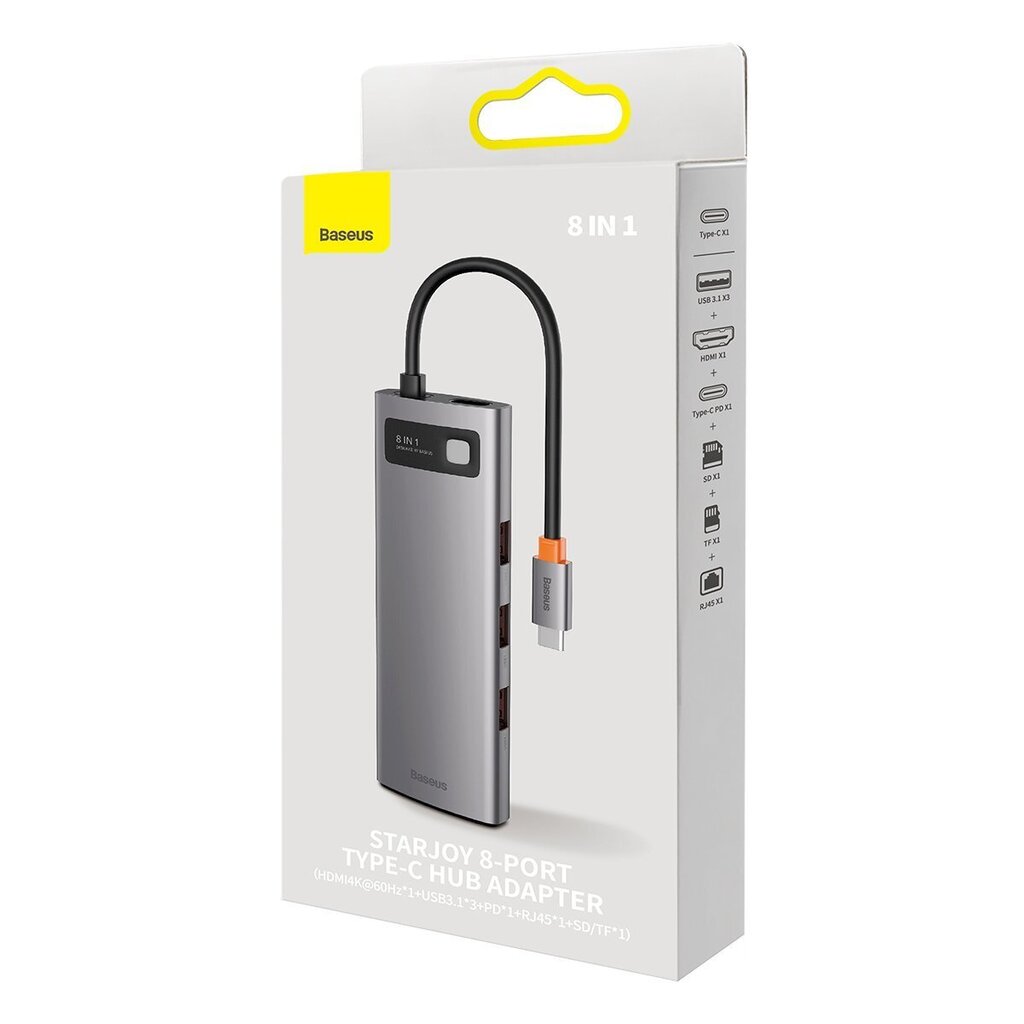 HUB adapter 8in1, Baseus StarJoy, StarJoy, USB-C to USB-C PD 3x USB-A HDMI RJ-45 SD TF, hall цена и информация | USB jagajad, adapterid | kaup24.ee