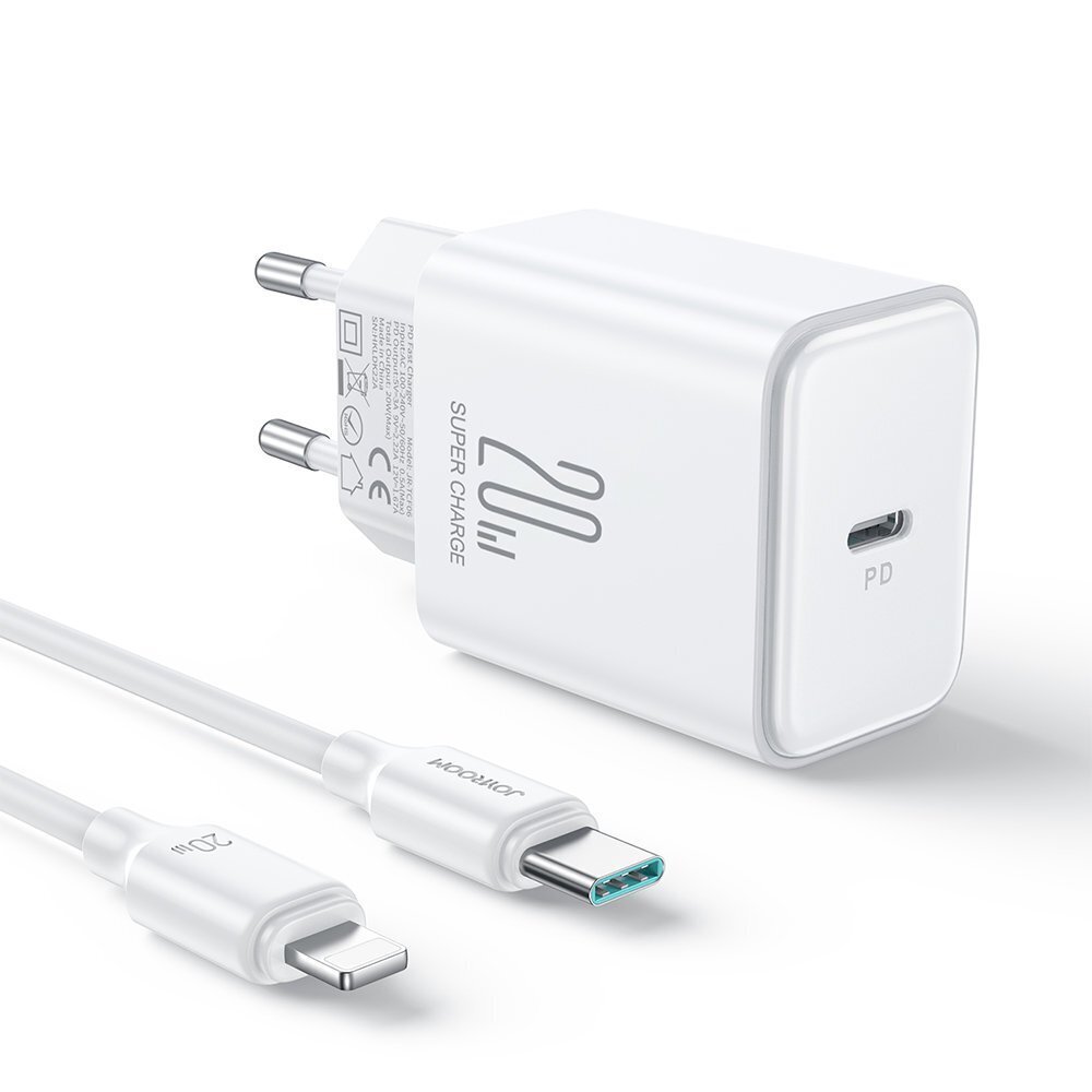 Minilaadija Joyroom JR-TCF061, koos kaabliga iPhone Lightning, USB-C, 20 W., PD, valge цена и информация | Mobiiltelefonide laadijad | kaup24.ee