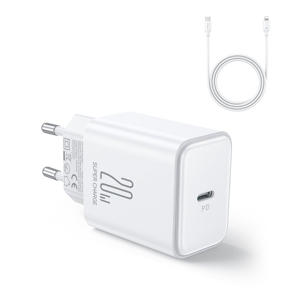 Minilaadija Joyroom JR-TCF061, koos kaabliga iPhone Lightning, USB-C, 20 W., PD, valge hind ja info | Mobiiltelefonide laadijad | kaup24.ee