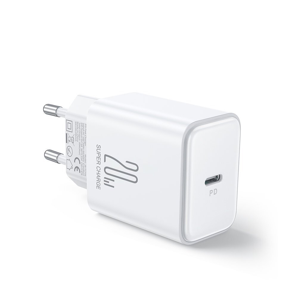 Minilaadija Joyroom JR-TCF061, koos kaabliga iPhone Lightning, USB-C, 20 W., PD, valge hind ja info | Mobiiltelefonide laadijad | kaup24.ee
