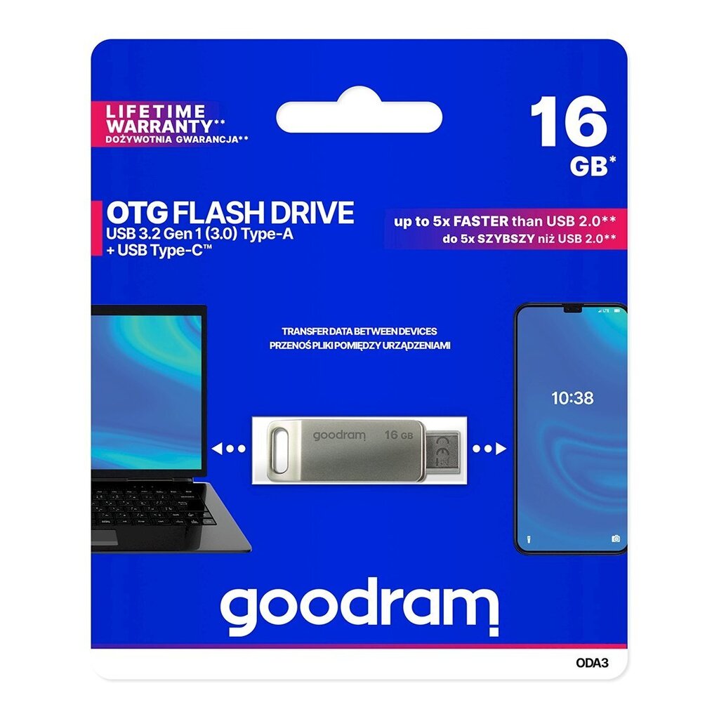 USB mälupulk, Goodram, 16 GB, USB 3.2, Gen 1 USB / USB-C, OTG, ODA3, hõbedane цена и информация | Mälupulgad | kaup24.ee