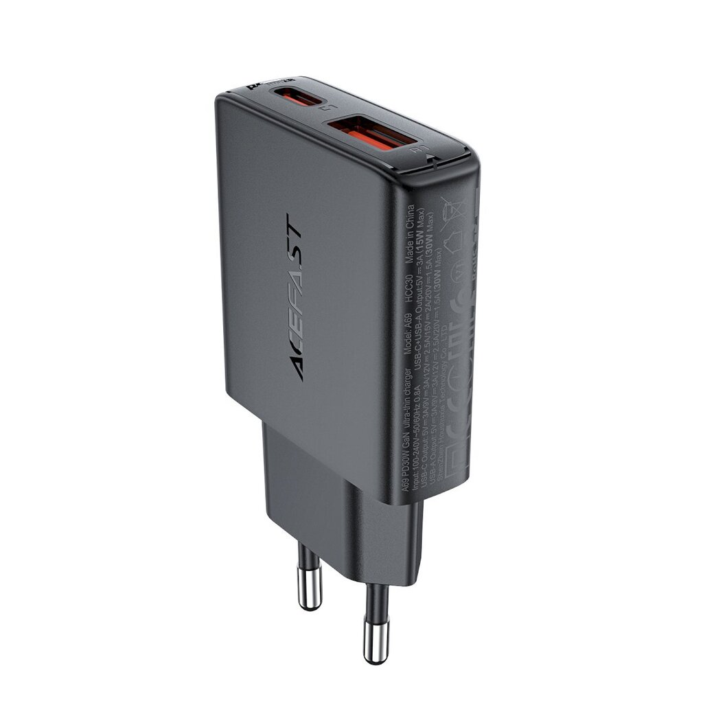 Acefast A691, GaN PD 30W USB-A, USB-C, must hind ja info | Mobiiltelefonide laadijad | kaup24.ee