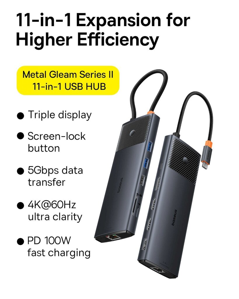 HUB adapter, 11in1 , Baseus B00061801123-001, USB-C, USB-A, / PD / HDMI / DP / RJ-45 / SD / TF, must цена и информация | USB jagajad, adapterid | kaup24.ee