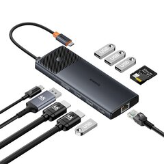 Переходник HUB, 11in1 , Baseus B00061801123-001, USB-C, USB-A, / PD / HDMI / DP / RJ-45 / SD / TF, черный цена и информация | Адаптеры и USB-hub | kaup24.ee