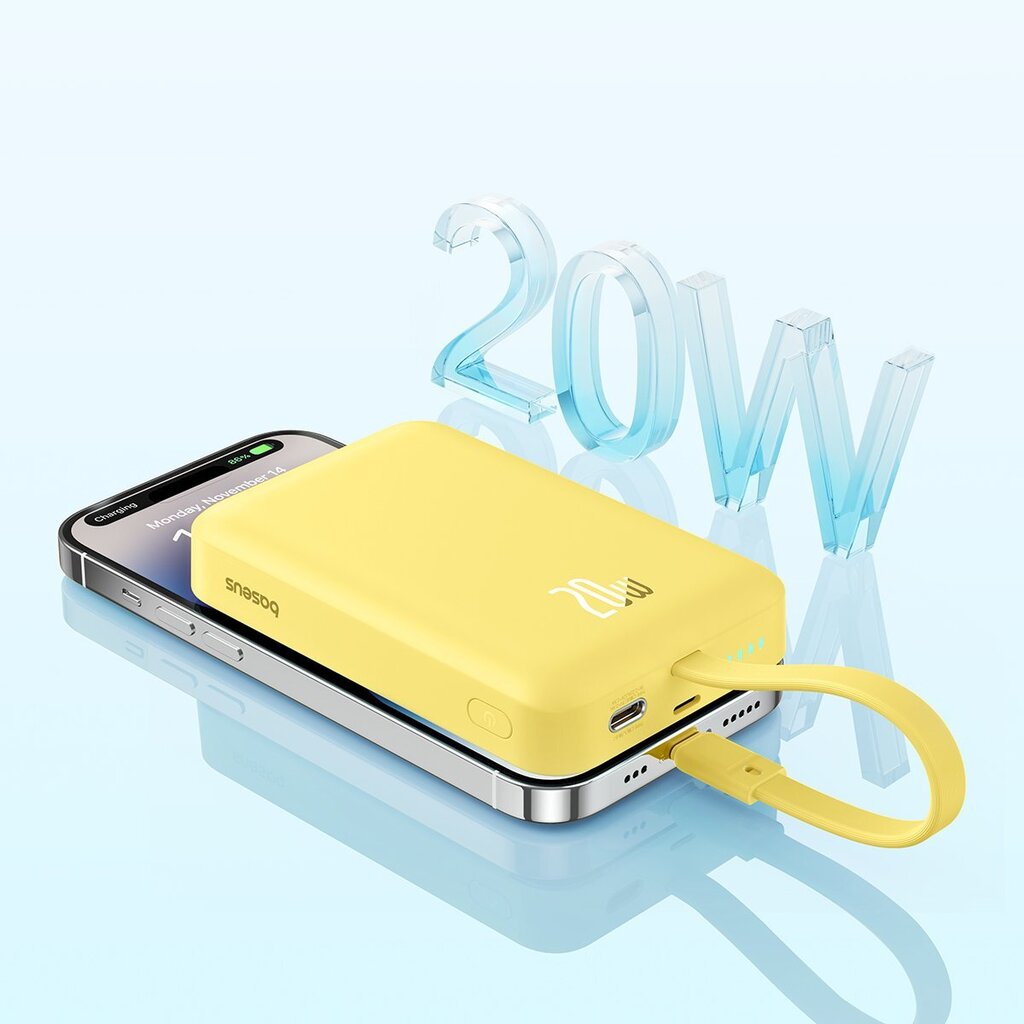 Mini akupank Baseus, 10000 mAh., 20 W., koos Lightning kaabliga iPhone'ile, 0,3 m., kollane hind ja info | Akupangad | kaup24.ee