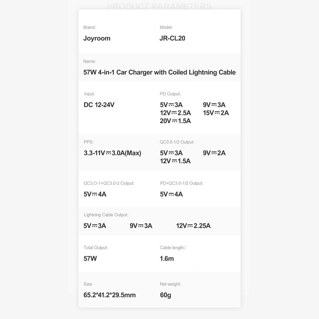 Kiirlaadija, 4in1, Joyroom, Lightning kaabliga 1,6 m, USB-C, PD 2x USB QC3, 57 W, must цена и информация | Turvasüsteemid ja 12V seadmed | kaup24.ee