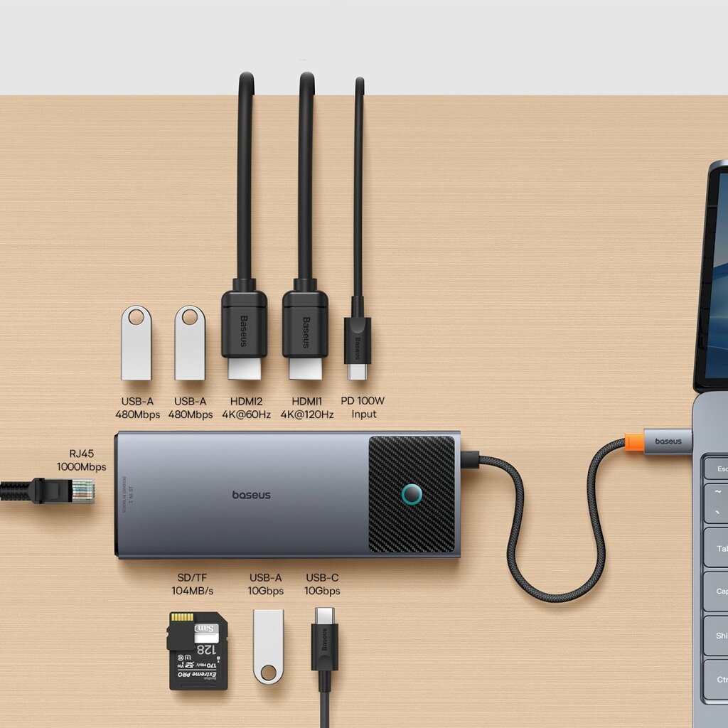 HUB adapter, 10in1, Baseus B00061800813-011, USB-C HDMI / USB-A / USB-C / RJ45 / SD / TF / USB-C PD, hall цена и информация | USB jagajad, adapterid | kaup24.ee