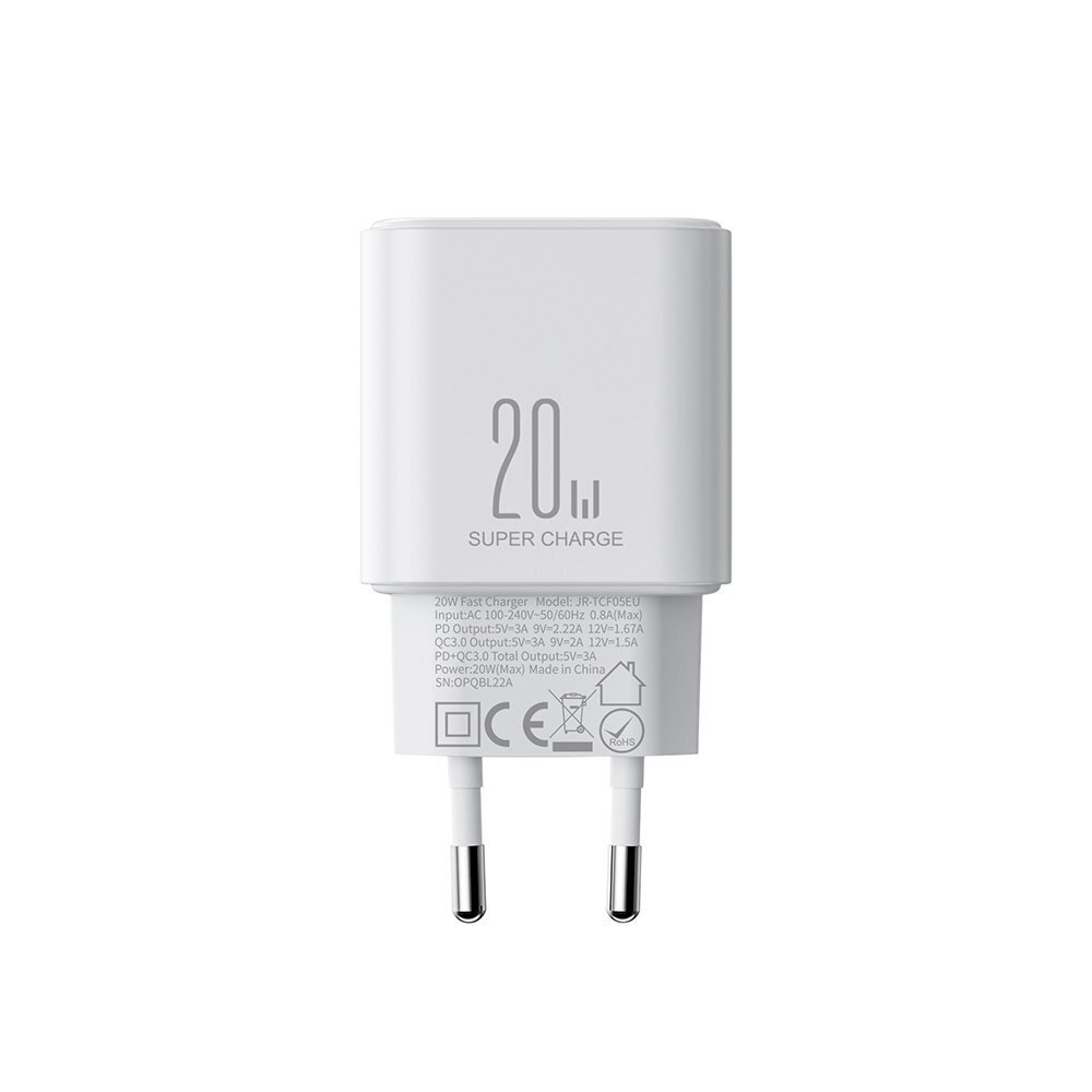 Võrgulaadija, Joyroom JR-TCF051, USB-A, USB-C, PD 20 W., USB-C kaabel, valge hind ja info | Mobiiltelefonide laadijad | kaup24.ee