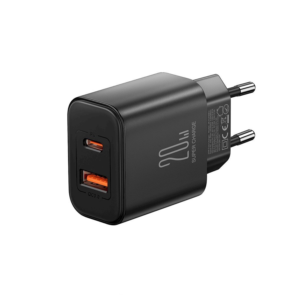 Võrgulaadija, Joyroom JR-TCF051, USB-A, USB-C, PD 20 W., USB-C kaabel, must hind ja info | Mobiiltelefonide laadijad | kaup24.ee