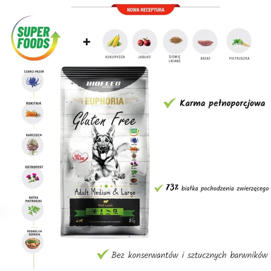 Biofeed Euphoria Gluten Free suurtest ja keskmistest tõugudest täiskasvanud koertele lambalihaga, 12 kg hind ja info | Kuivtoit koertele | kaup24.ee