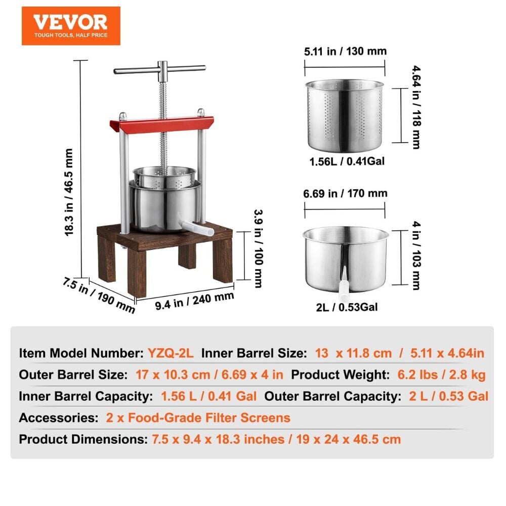 Mehaaniline mahlapress Vevor, 2L hind ja info | Mahlapressid | kaup24.ee