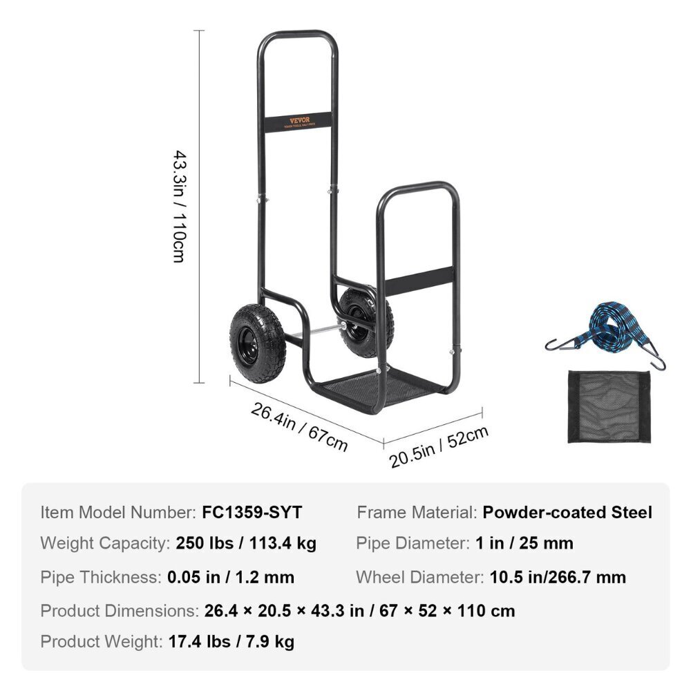 Suur küttepuude käru Vevor, 113 kg, 67x52x110cm hind ja info | Käsitööriistad | kaup24.ee