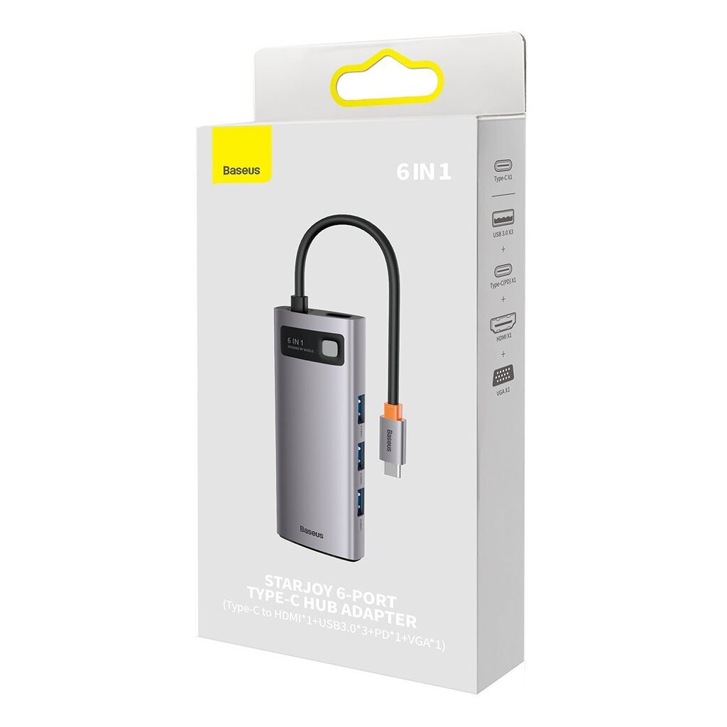 Ühendusjaam, 6in1, Baseus USB-C HDMI, 3xUSB, 3.2 Power Delivery VGA, hall hind ja info | USB jagajad, adapterid | kaup24.ee