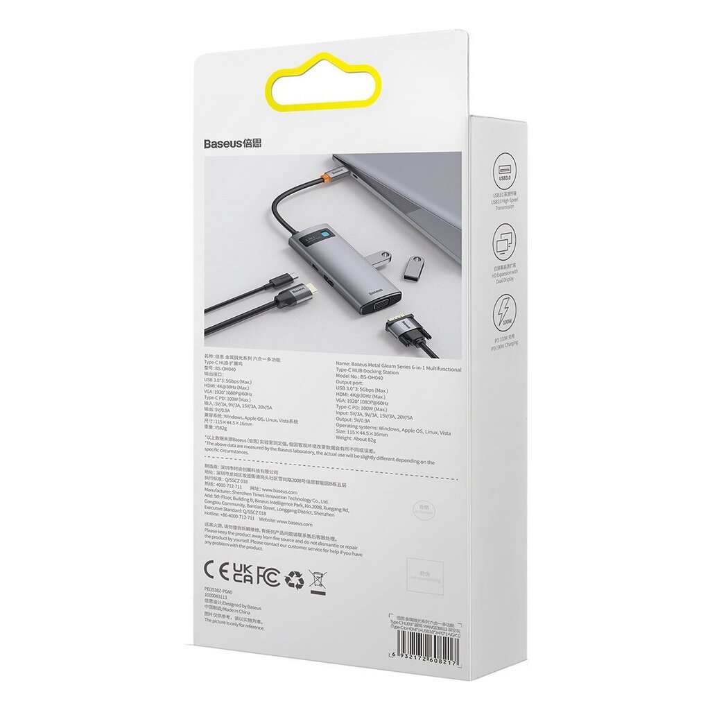 Ühendusjaam, 6in1, Baseus USB-C HDMI, 3xUSB, 3.2 Power Delivery VGA, hall hind ja info | USB jagajad, adapterid | kaup24.ee