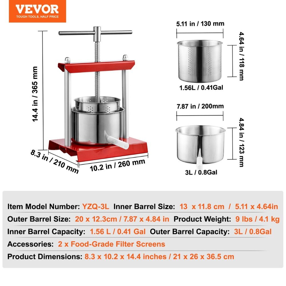 Mehaaniline mahlapress Vevor, 3L цена и информация | Mahlapressid | kaup24.ee