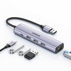 Многофункциональный адаптер-разветвитель HUB, Ugreen, USB 3.0 - 3x USB, Ethernet RJ-45 USB-C PD, серый цена и информация | Адаптеры и USB-hub | kaup24.ee