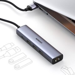 Multifunktsionaalne HUB adapter splitter, Ugreen, USB 3.0 - 3x USB, Ethernet RJ-45 USB-C PD, hall hind ja info | USB jagajad, adapterid | kaup24.ee