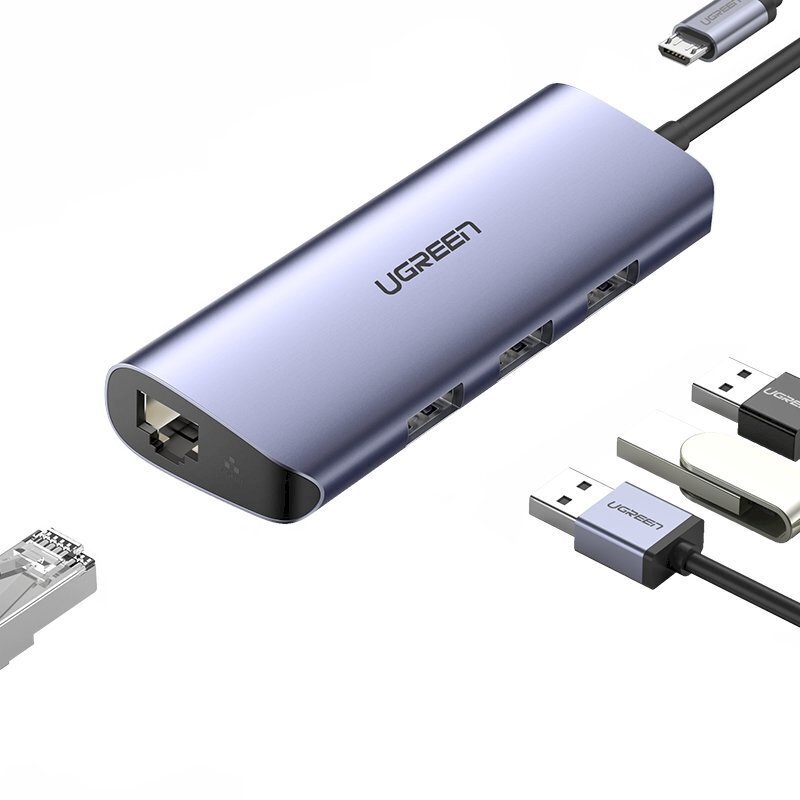 Multifunktsionaalne HUB adapter splitter, Ugreen, USB-C - 3x USB, RJ-45 micro, USB hall цена и информация | USB jagajad, adapterid | kaup24.ee