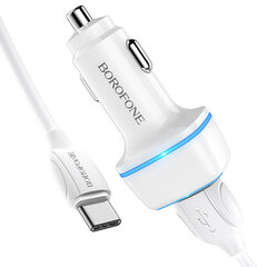 Borofone Car charger BZ14 Max - 2xUSB - 2,4A with USB to Type C cable white цена и информация | Зарядные устройства для телефонов | kaup24.ee