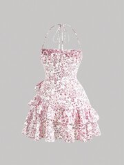 Розовое летнее платье с цветочным принтом, рюшами на груди и бретелькой на шее, открытой спиной, Electronics LV-120028, многоцветный, 1 шт цена и информация | Платья | kaup24.ee