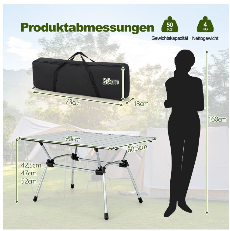 Kokkupandav matkalaud Costway, hõbedane, 90 x 60,5 x 52 cm hind ja info | Matkamööbel | kaup24.ee