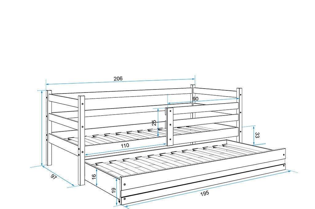 Lastevoodi ilma madratsita BMS12PB, 90x200 cm, hall/valge hind ja info | Lastevoodid | kaup24.ee