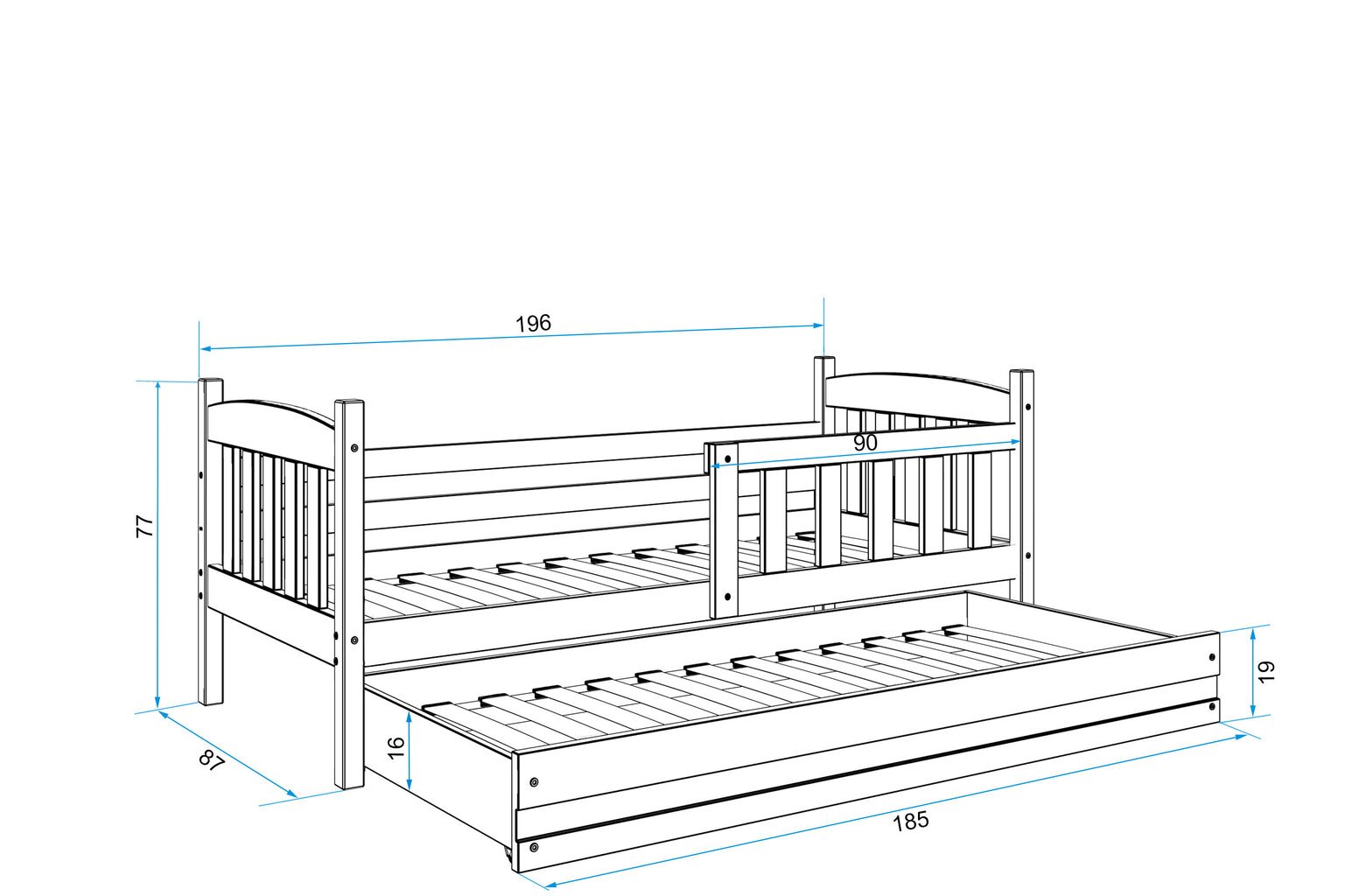 Lastevoodi ilma madratsita BMS13BZI, 80x190 cm, valge/sinine hind ja info | Lastevoodid | kaup24.ee