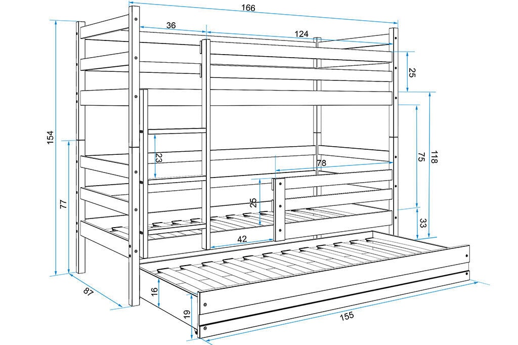 Lastevoodi ilma madratsita BMS43BP, 80x160 cm, valge/hall hind ja info | Lastevoodid | kaup24.ee