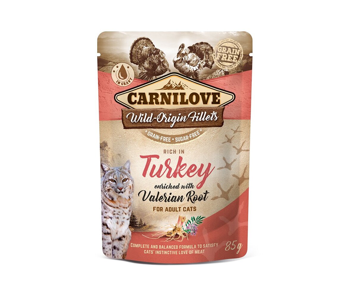 Carnilove Turkey Valeriana teraviljavaba, märgtoit kassidele, 85 g x 12 hind ja info | Konservid kassidele | kaup24.ee