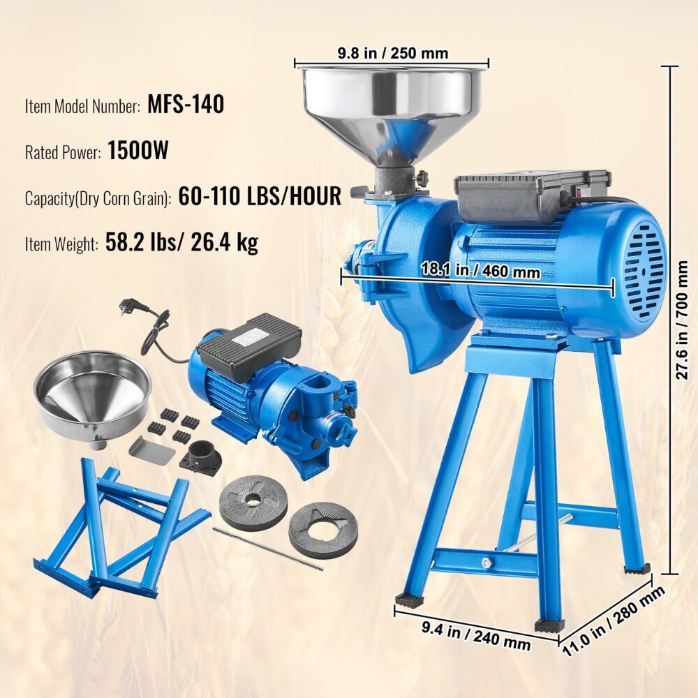 Elektriline teravilja/vürtside vesk/ purustaja Vevor, 1500W hind ja info | Kaubad kariloomadele | kaup24.ee