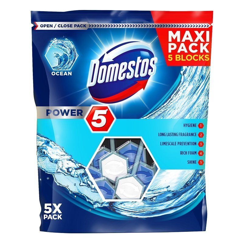 WC-poti värskendaja Domestos Power 5 Ocean, 5x55 g цена и информация | Puhastusvahendid | kaup24.ee