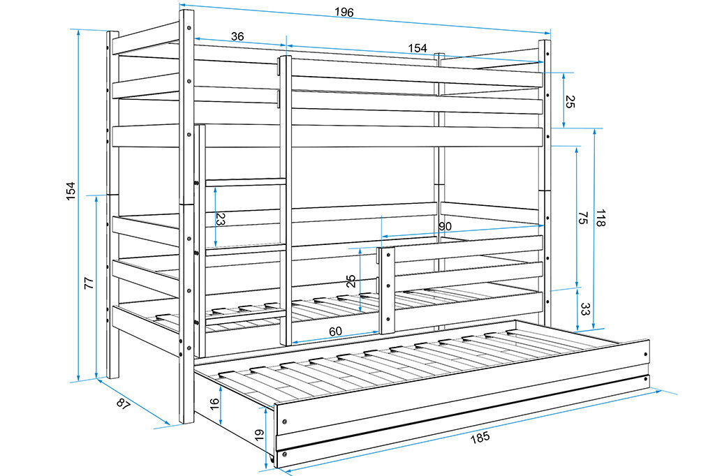 Lastevoodi BMS44BZI, 80x190 cm, valge/sinine цена и информация | Lastevoodid | kaup24.ee