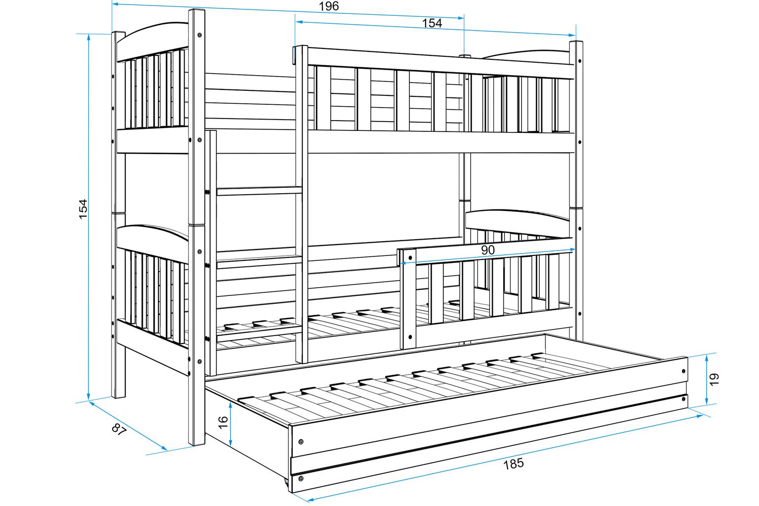 Lastevoodi BMS46BP, 80x190 cm, valge/hall hind ja info | Lastevoodid | kaup24.ee